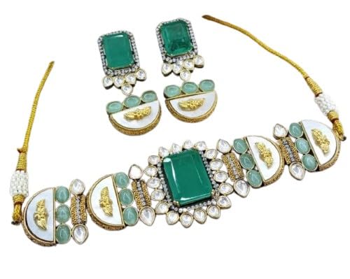 indiancraftsbykanika presents golden jadau kundan green color stone necklace jewelery set with matching earring
