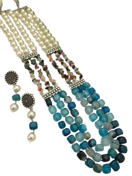 indiancraftsbykanika pearl with blue multicolor stone 3 layered necklace set with matching earrings
