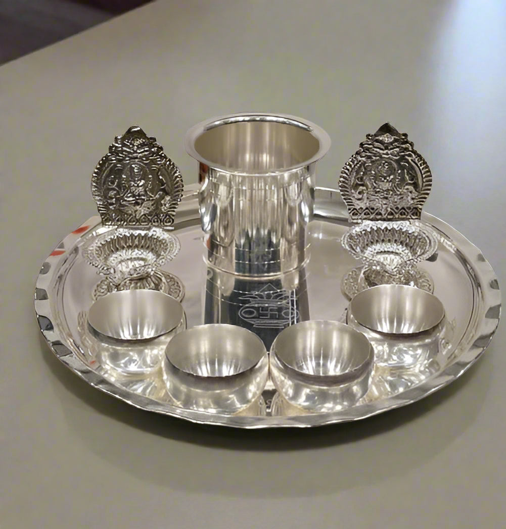 Silver Plated Pooja Thali Set of 8 Pieces