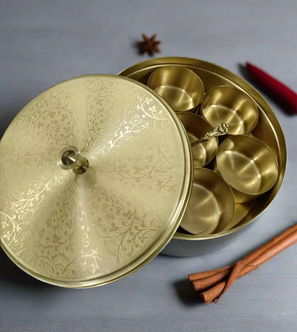 brass carved round spice box with 7 containers and 1 spoon perfect for kitchen,