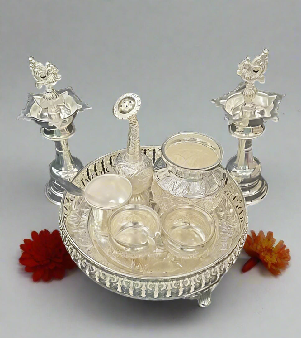 pure German silver pooja thali set for Diwali/housewarming, set of 8 pieces