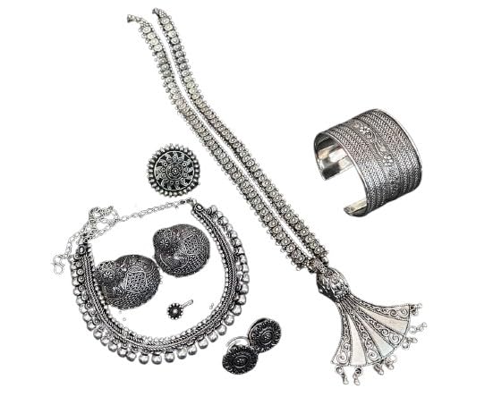 indiancraftsbykanika oxidized silver tone 2 necklace with matching earrings, adjustable toe ring, ring, nose pin, openable kada bracelet for women