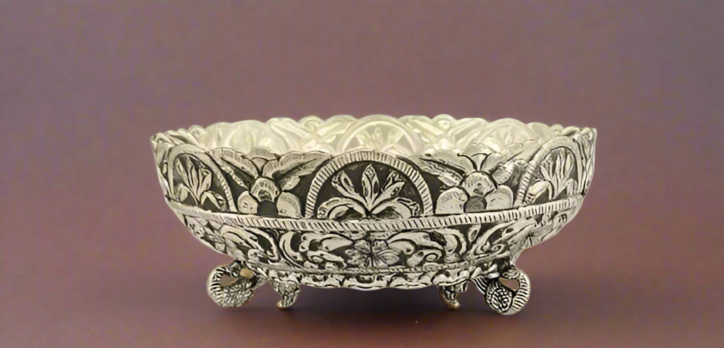 German silver fully carved peacock legs urli bowl for fruits/snacks/gift item/home decor