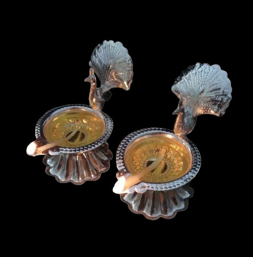 Silver Plated Set of 2 Pieces Peacock Diya for Home Temple / Gift Item