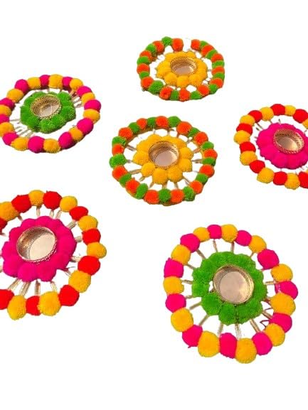 indiancraftsbykanika Multicolor Pompom Tea Light Holder Set of 6 Holders with 12 Wax Tea Lights for Home Decor/Festival/Gift Item, Large, 270124v