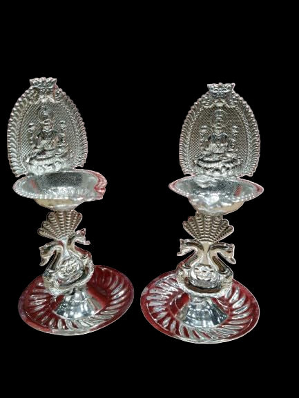 Silver Plated swan Lakshmi Diya Pair Set, 5" for Housewarming/Diwali Pooja