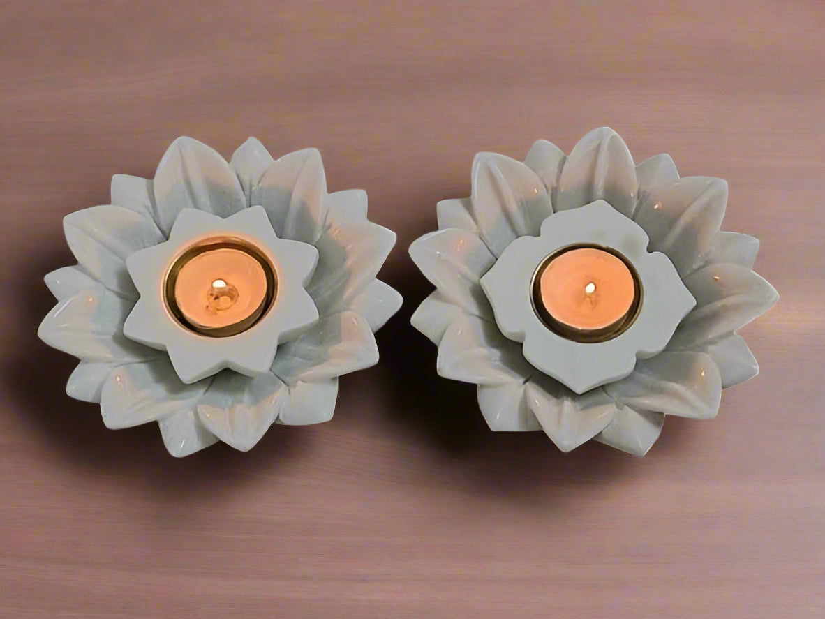 marble lotus urli with star diya/tea light holder for home décor, 2 sets