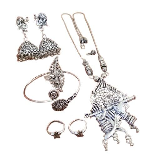 indiancraftsbykanika oxidized krishan pendant set with matching earrings, bracelet, adjustable ring, toe ring, nose pin, 8 pieces set