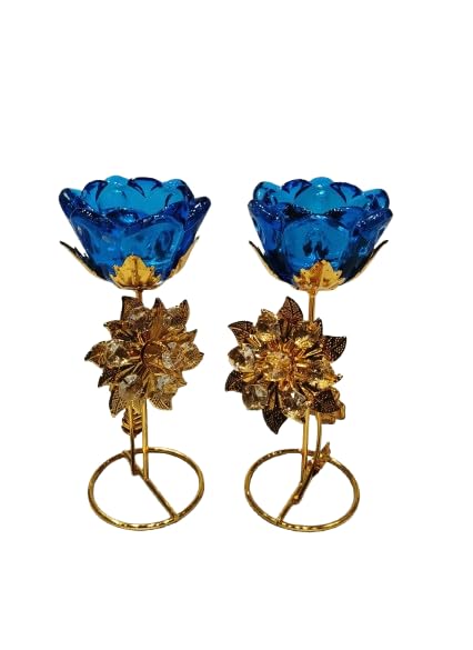 Golden Crystal Work Rose Design Tealight Candle Stand - Set of 2, Blue for Home décor/Gift Item