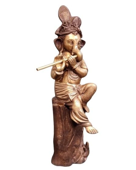 indiancraftsbykanika Brass Ganesh Playing Flute Sitting on a Log Statue Idol for Home Decor/Temple/Office
