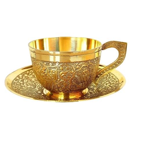 indiancraftsbykanika brass etched/emboss cup and saucer set of 6 for festival/daily use/gift item