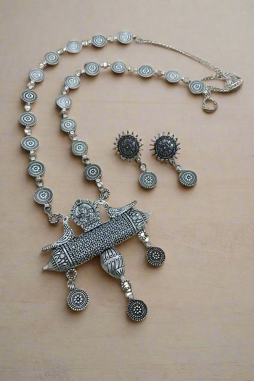 Long Oxidized Ganesh Pendant Necklace with matching earrings for women
