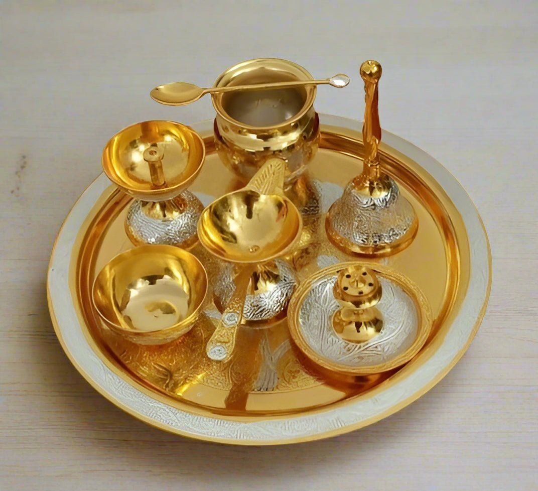 Silver Plated Flower Nakshi Embossed Pooja Thali Set - 8 Pieces Set