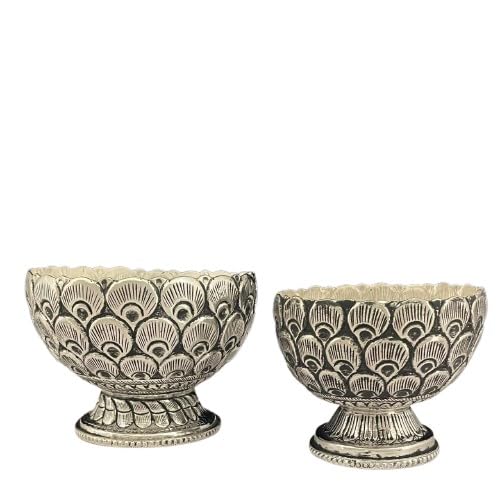 indiancraftsbykanika German silver fully carved peacock feather design bowls set of 2 for fruits/snacks/gift item
