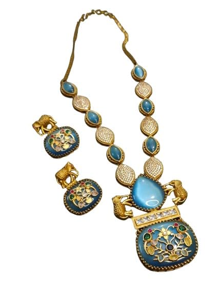 indiancraftsbykanika gold polish ad stone elephant design necklace set with matching earrings for women, color : blue