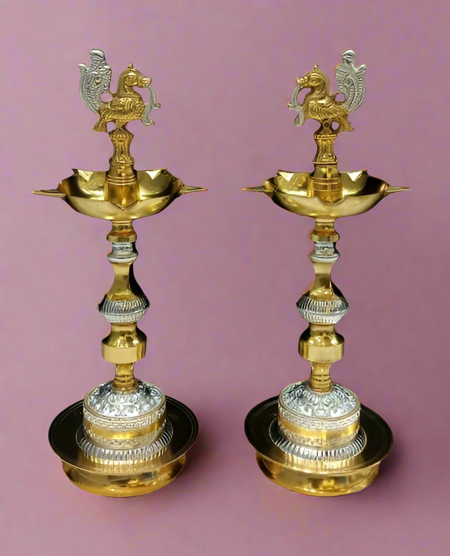 Silver Plated Dual Color Golden and Silver Peacock Diya Set for Housewarming Pooja