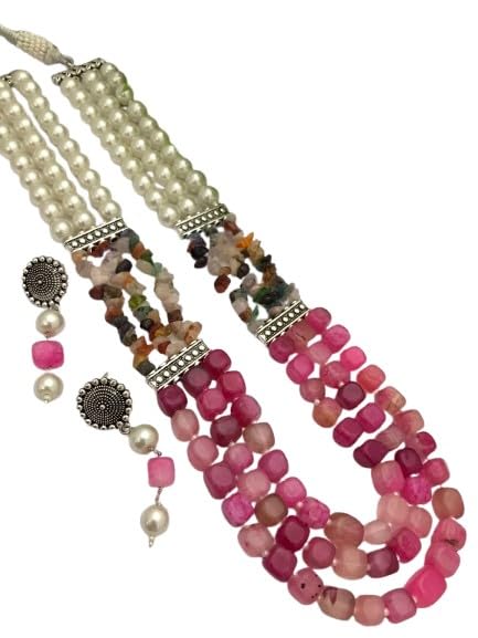 indiancraftsbykanika pearl with pink stone 3 layered necklace set with matching earrings