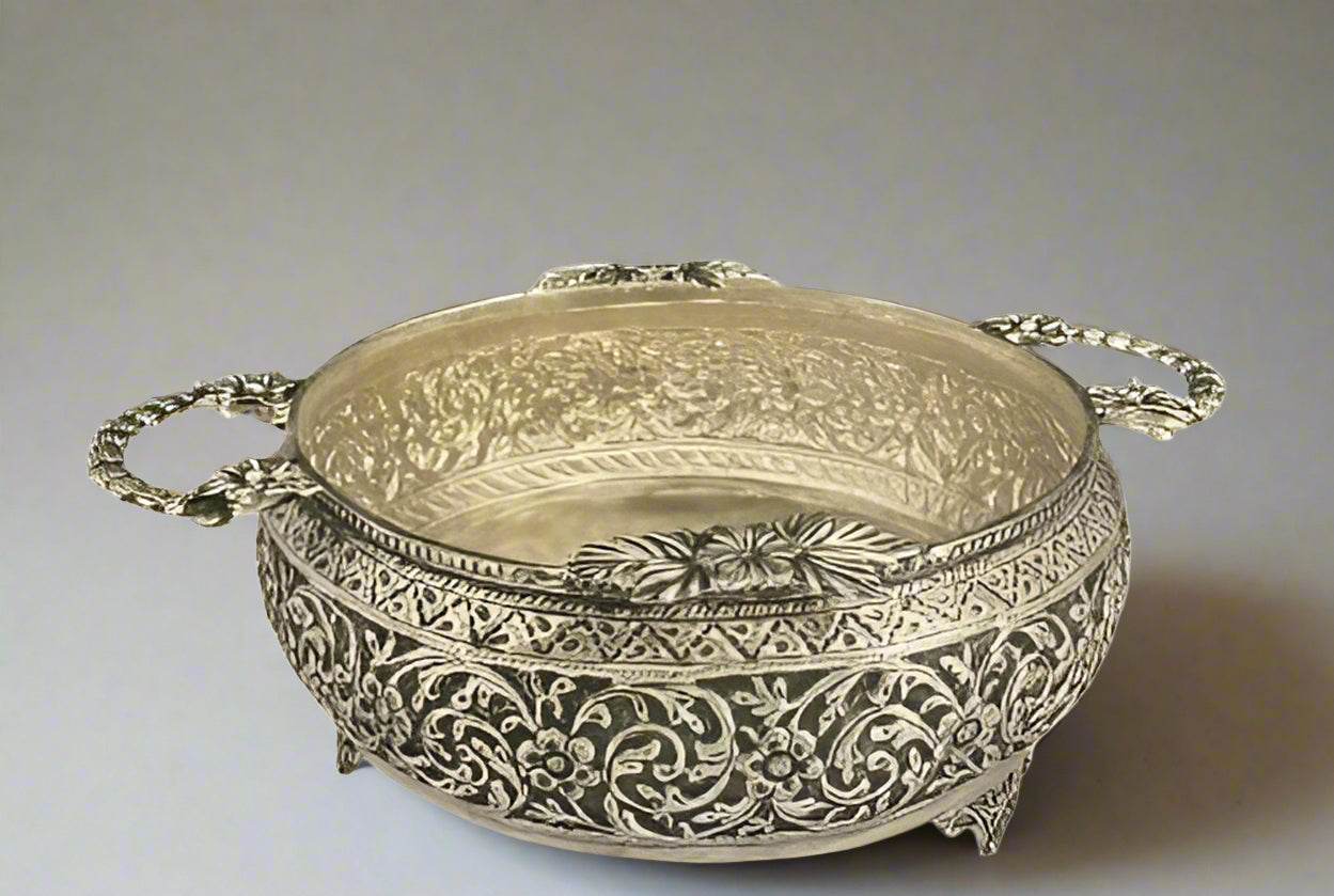 German silver fully carved urli bowl with handle