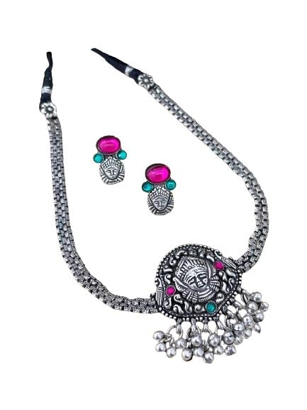 indiancraftsbykanika presents oxidized durga necklace set with matching earrings pink stone