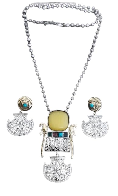 silver parrot design stone pendant necklace jewelry with matching earrings, color : yellow