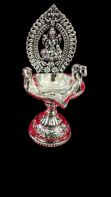 Silver Plated Antique Finish Lakshmi Diya with Elephants Pair Set , 6" Height for Diwali