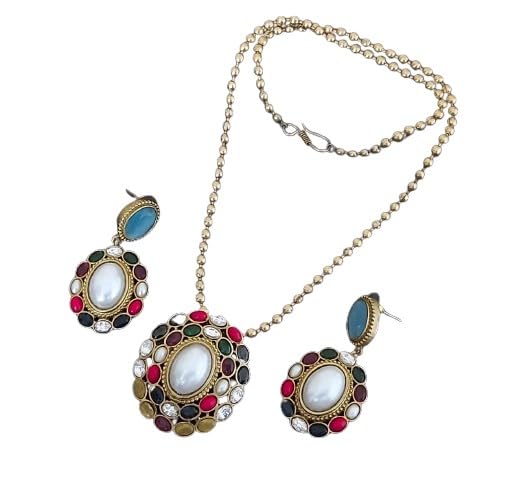 indiancraftsbykanika multicolor stone pendant necklace set with matching earrings for women goes with any attire, silver