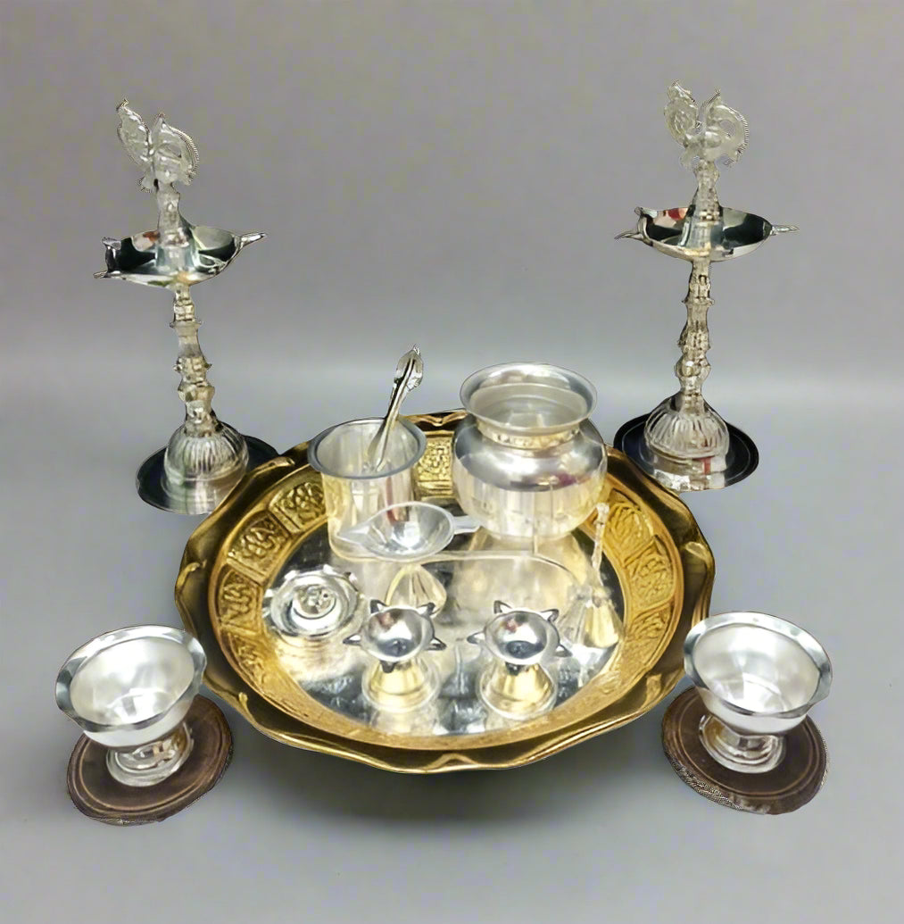 Gold color & Silver Plated 2 Tone (11 Pcs Pooja Thali Combo)