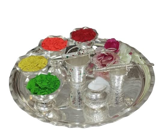 german silver holi hamper plate with bowls and pitchkari set for festival, set of 10 pieces
