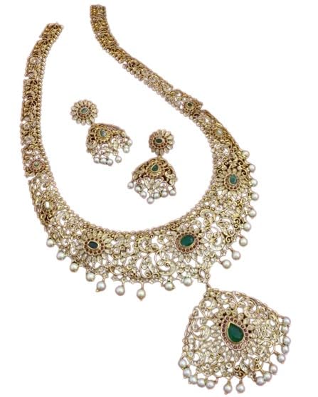 indiancraftsbykanika presents jadau long bridal necklace jewlery set with matching earrings pearl drops