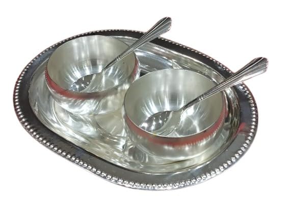 Silver Plated Round 2 Bowl, 2 Spoon, 1 Tray Set for snacks/dessert/mouth freshners