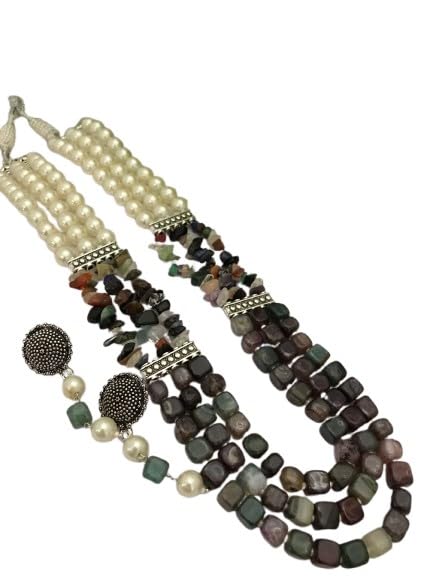 indiancraftsbykanika pearl with green multicolor stone 3 layered necklace set with matching earrings