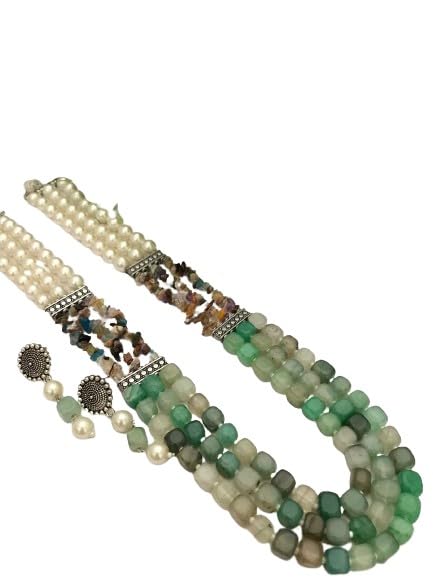 indiancraftsbykanika pearl with green stone 3 layered necklace set with matching earrings