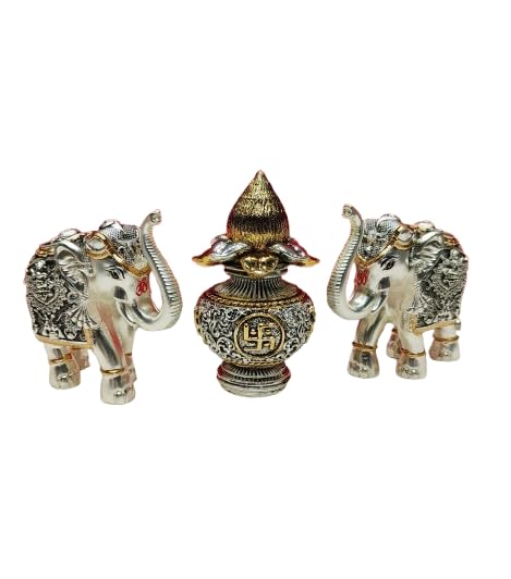 indiancraftsbykanika Antique Finish Gold & Silver Coated 2 Gaja laxmi 1 Kalash (3 Pcs Set) for Home Temple/Home décor/Gift Item