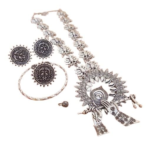 indiancraftsbykanika oxidized krishan flute necklace combo set with matching earrings, adjustable ring, bracelet, nose ring, 5 pieces set