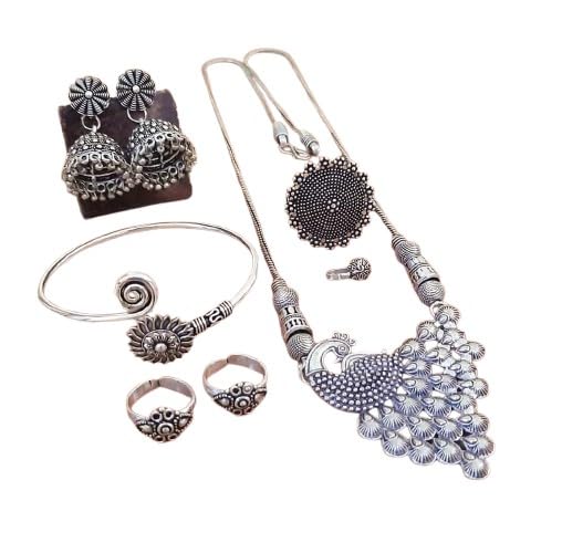 indiancraftsbykanika oxidized peacock pendant set with matching earrings, bracelet, adjustable ring, toe ring, nose pin, 8 pieces set