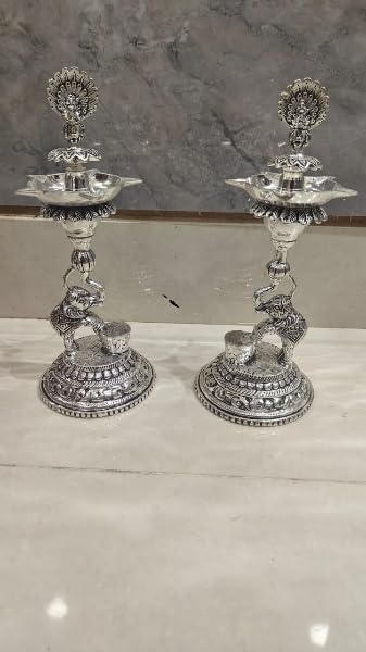 German Silver Fully Carved peacok with Elephant Diya Pair for House Warming Party, Home Decor