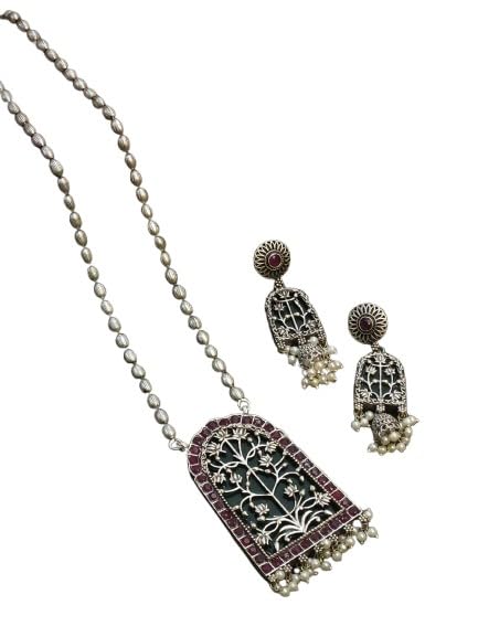 indiancraftsbykanika oxidized necklace with dark green color matching earrings for women/gift for her