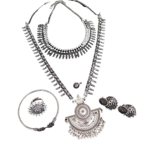 oxidized combo jewelry necklace set - 2 necklaces with earrings, nose pin, adjustable bracelet and ring, gift for her
