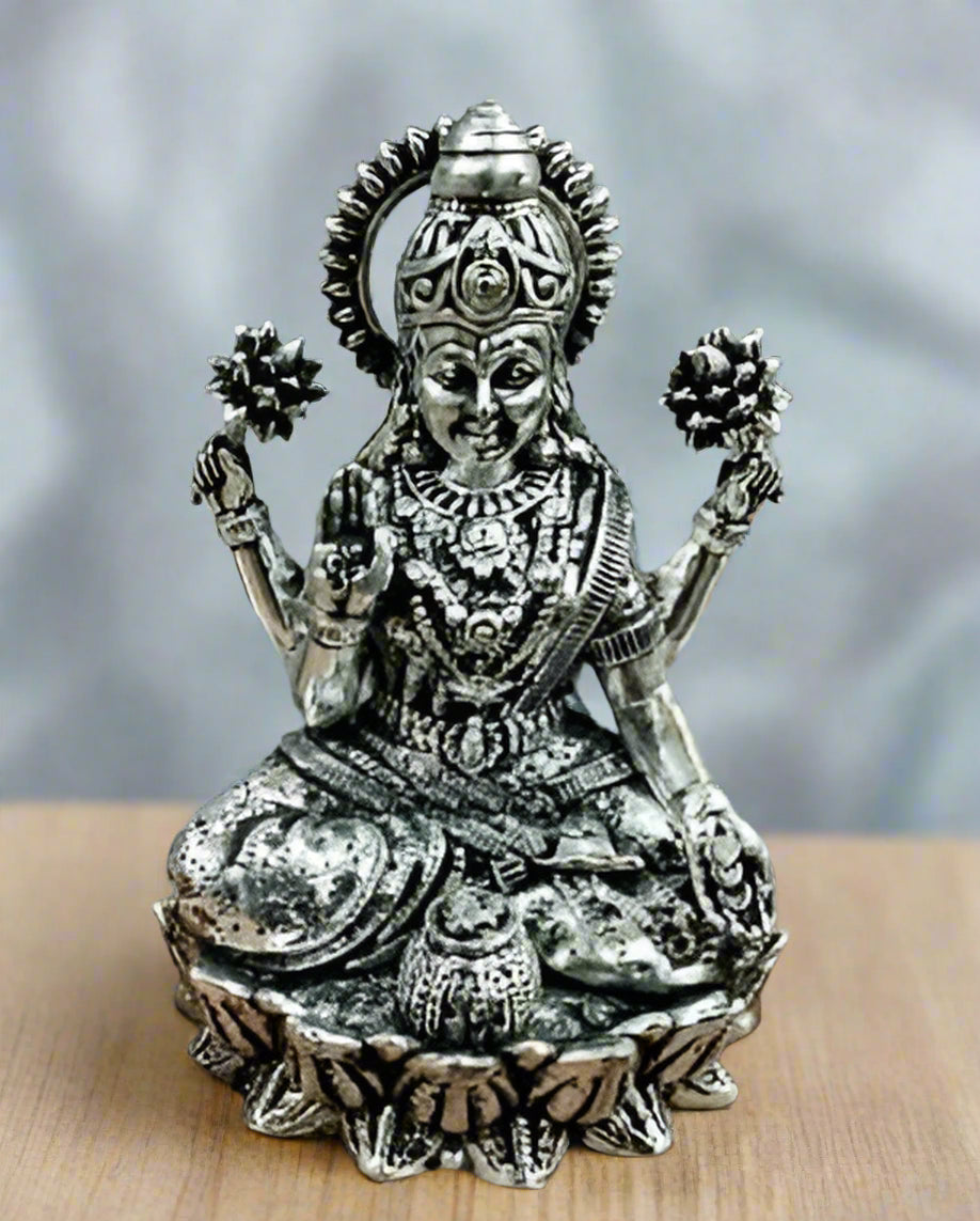 German Silver Fully Carved Small Lakshmi Statue Idol