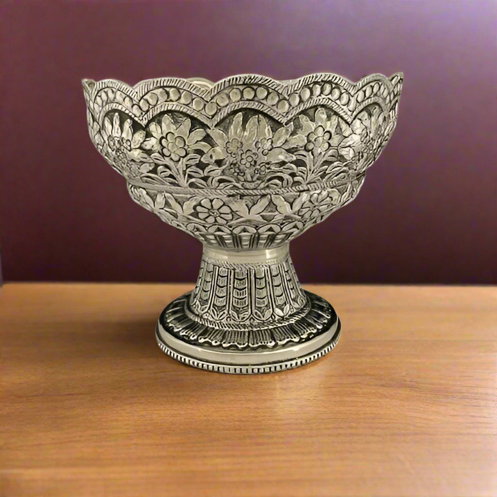 German silver fully carved fruit bowl/snacks/home decor with stand/gift item