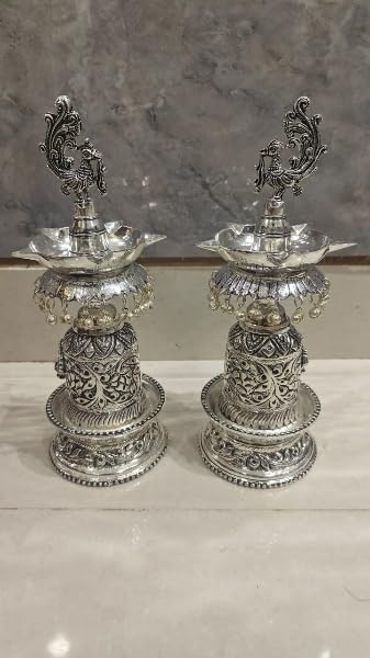 German Silver Peacock Fully Carved Diya Pair Set for Home Decor/House Warming Party