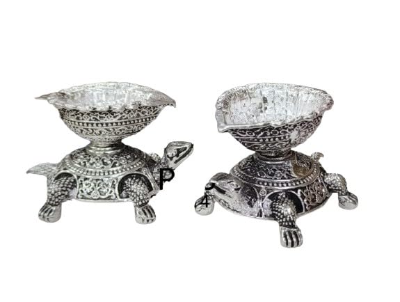 German Silver Antique Finish German Silver Tortoise Diyas Pair for House Warming / Festival