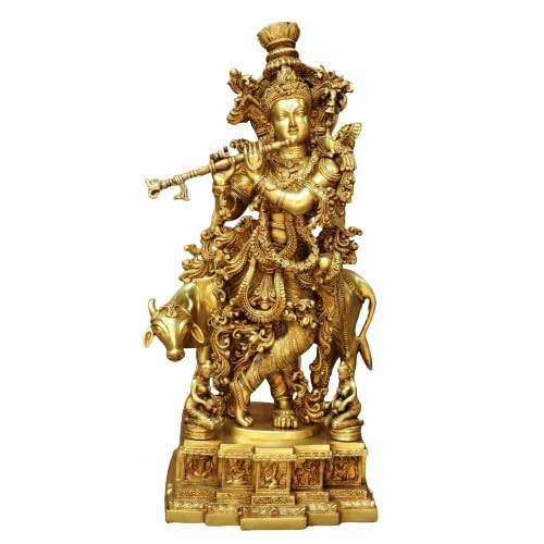 Brass Fully Carved Krishan Statue with Cow Statue showpiece Idol, Home décor, Home/Office Temple Statue