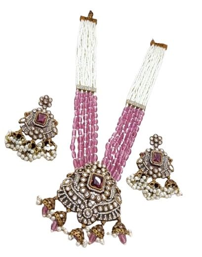 indiancraftsbykanika presents 5 layered pink and white mala red stone long pendant necklace jewelry set with matching earrings