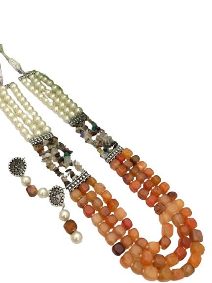 indiancraftsbykanika pearl with orange stone 3 layered necklace set with matching earrings
