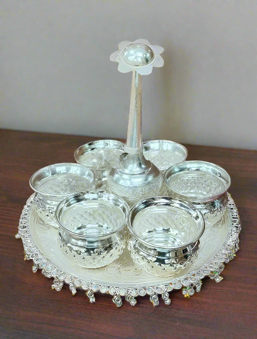German Silver Pooja thali Combo Set with ghungru House Warming Pooja Set