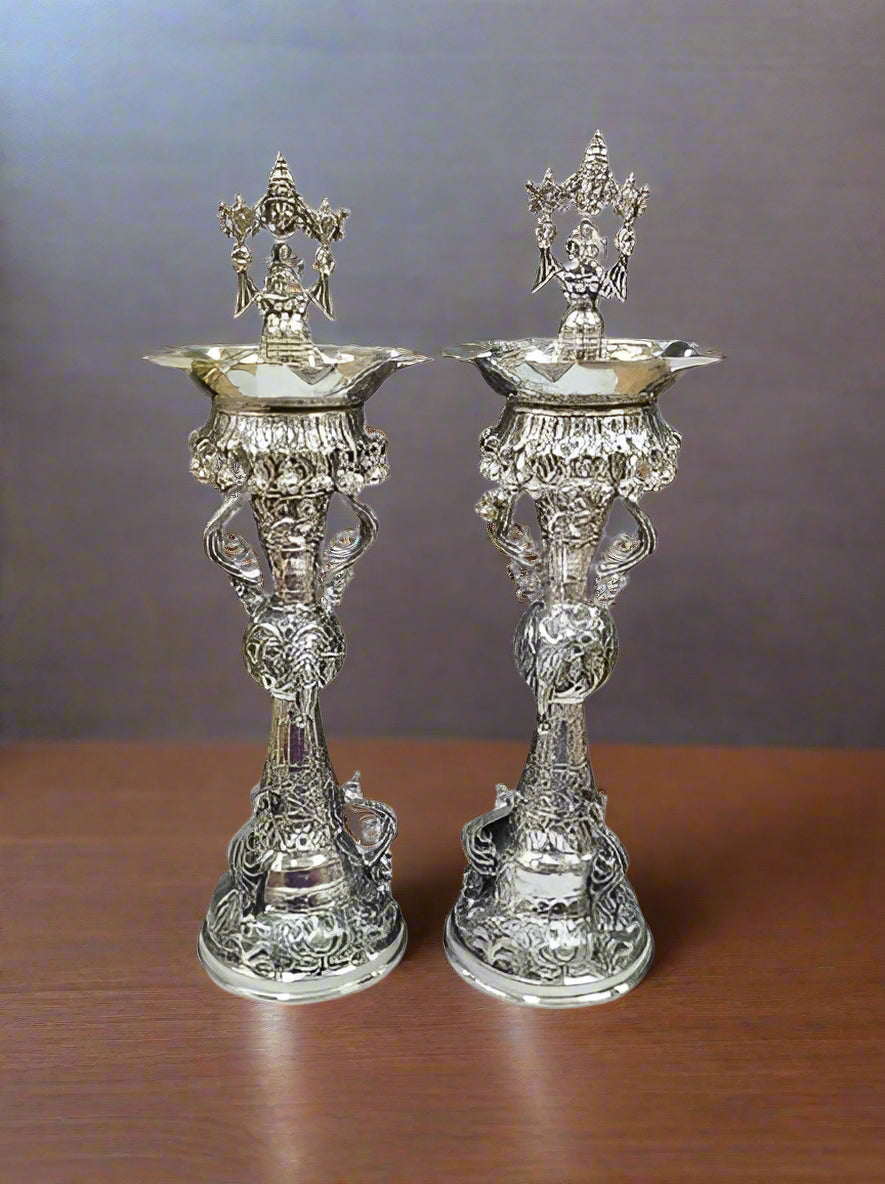 German Silver Lakshmi Balaji Diya Pair Set with Peacock Diya Set for House Warming Party