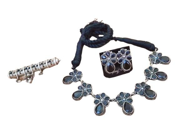indiancraftsbykanika oxidized black stones flower design necklace set with matching earrings and adjustable ring, 3 pieces set
