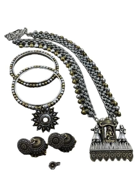 german silver oxidized/dual set combo set of 7 pieces - necklace with earring, bangle pairs(2.8 size), ring, nose pin looks good on any women