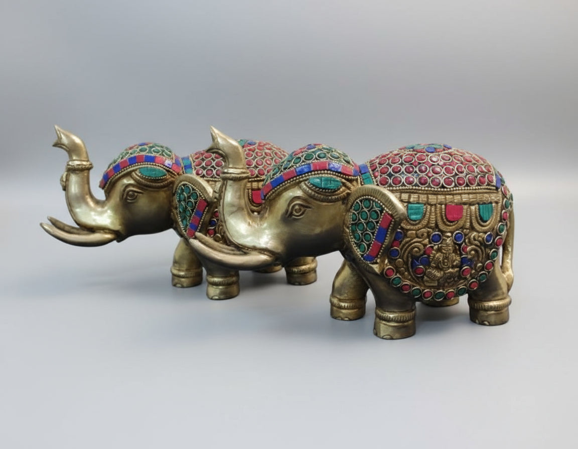 Brass with Stone Work Elephant with Trunk up Set of 2 Statue for Home décor